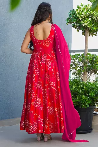 Rani pink heavy digital printed rayon gown style with dupatta