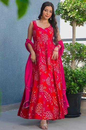 Rani pink heavy digital printed rayon gown style with dupatta