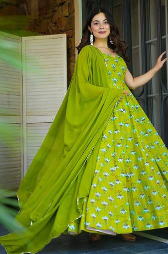 Light green heavy digital printed rayon gown style with dupatta for women