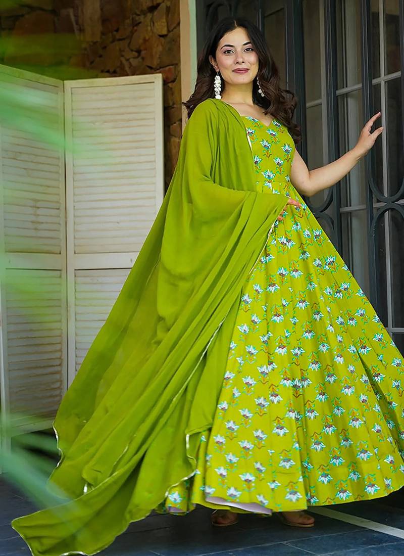 Light green heavy digital printed rayon gown style with dupatta for women