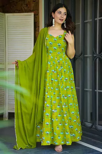 Light green heavy digital printed rayon gown style with dupatta for women