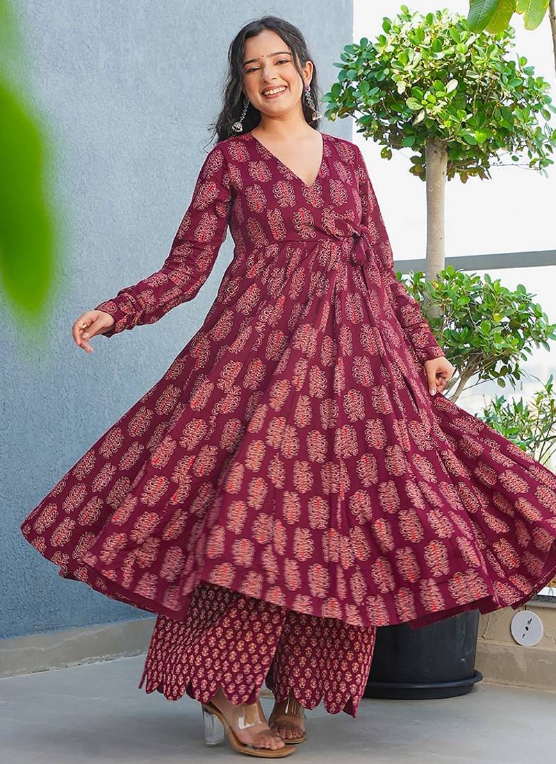 Maroon heavy digital printed rayon anarkali palazzo style