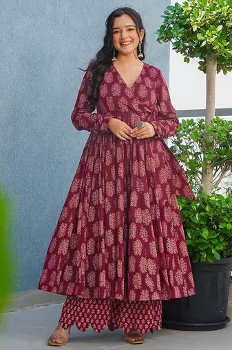 Maroon heavy digital printed rayon anarkali palazzo style