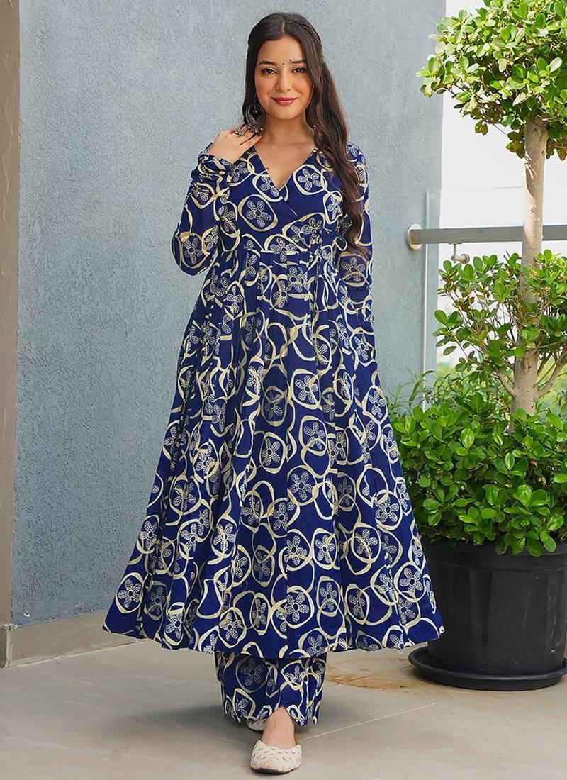Navy blue heavy digital printed rayon anarkali palazzo style