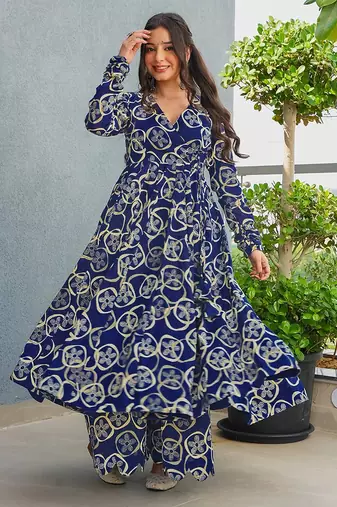 Navy blue heavy digital printed rayon anarkali palazzo style
