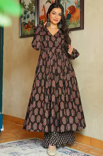 Black heavy digital printed rayon anarkali palazzo style
