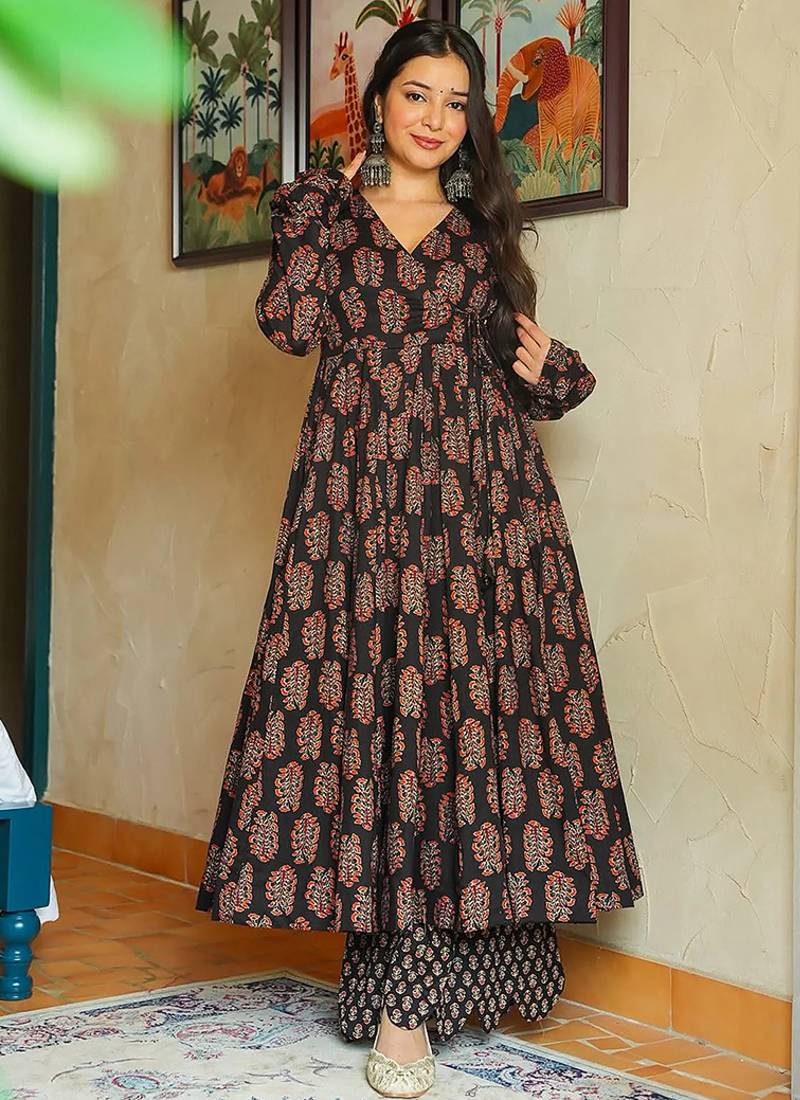 Black heavy digital printed rayon anarkali palazzo style