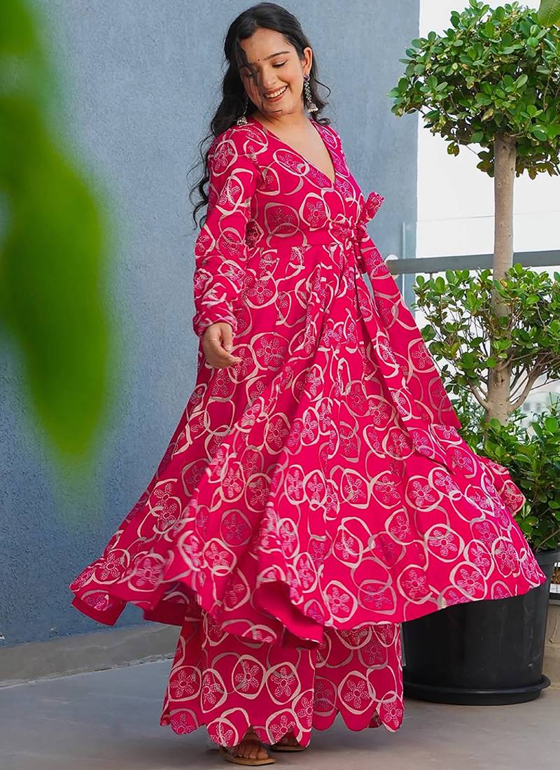Magenta heavy digital printed rayon anarkali palazzo style