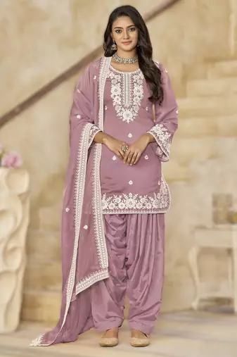onion-pink elegant pv chanderi roman silk ready-made suit with organza dupatta