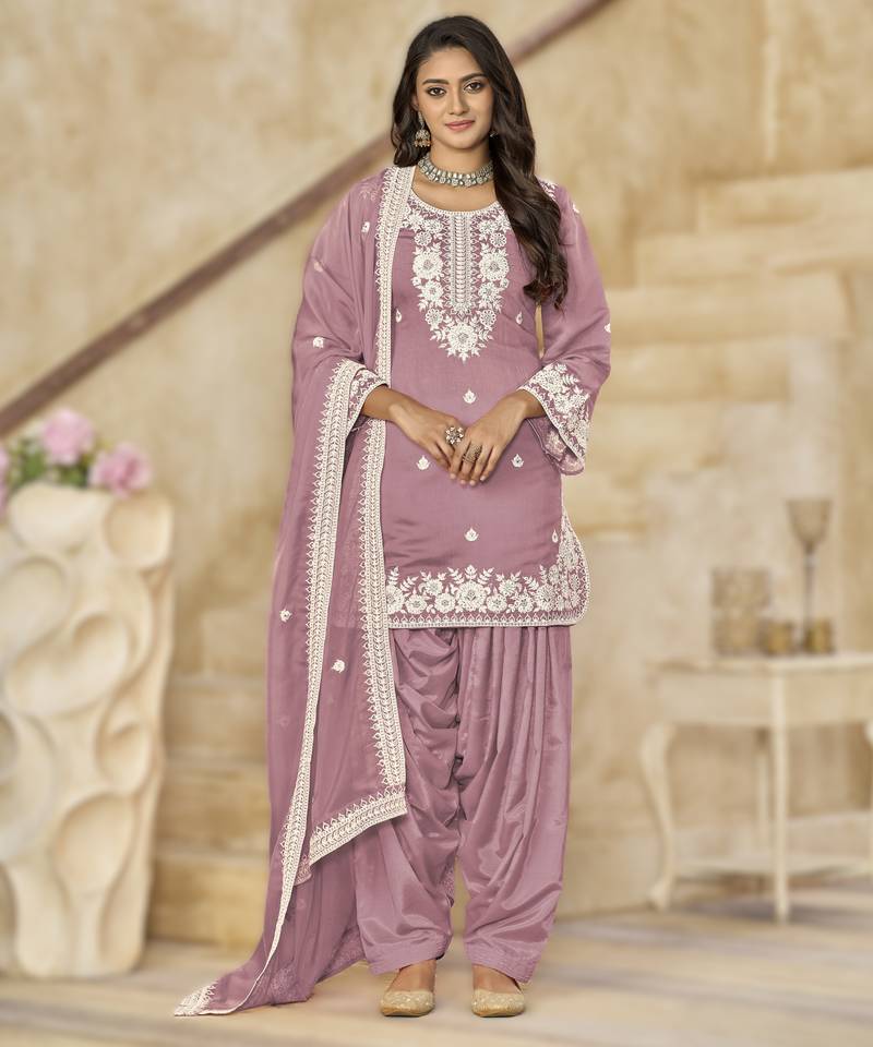 onion-pink elegant pv chanderi roman silk ready-made suit with organza dupatta