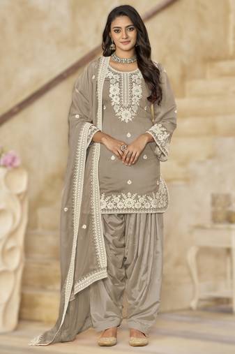 grey elegant pv chanderi roman silk ready-made suit with organza dupatta