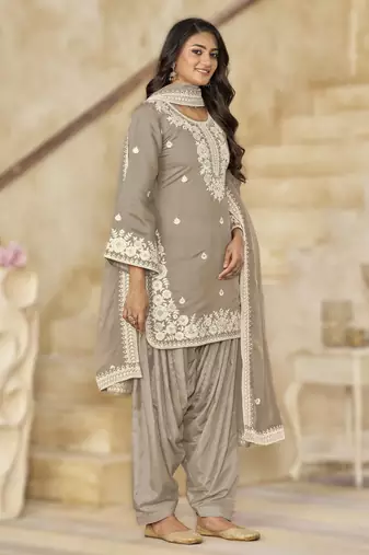 grey elegant pv chanderi roman silk ready-made suit with organza dupatta