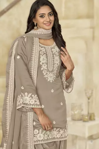 grey elegant pv chanderi roman silk ready-made suit with organza dupatta
