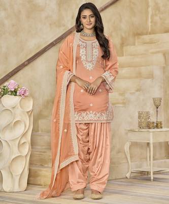 peach elegant pv chanderi roman silk ready-made suit with organza dupatta 1