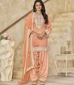 peach elegant pv chanderi roman silk ready-made suit with organza dupatta