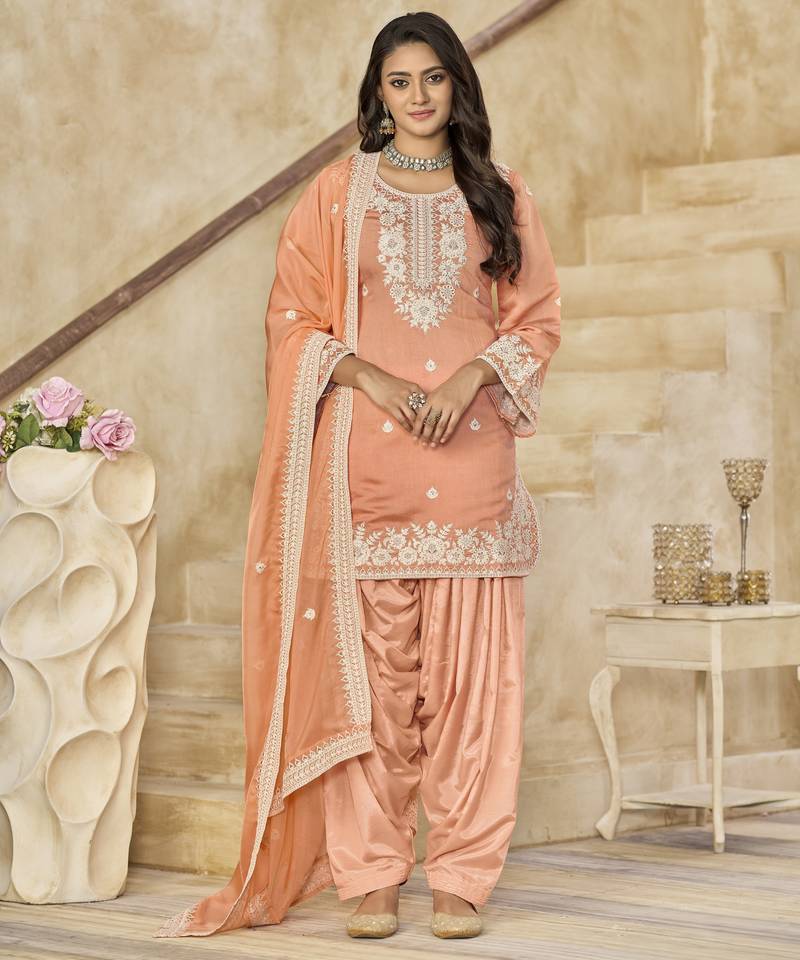 peach elegant pv chanderi roman silk ready-made suit with organza dupatta
