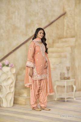peach elegant pv chanderi roman silk ready-made suit with organza dupatta 2