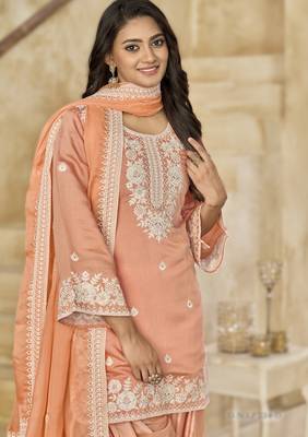 peach elegant pv chanderi roman silk ready-made suit with organza dupatta 3