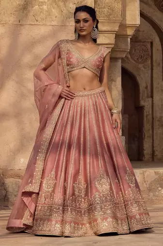 Enchanting Dusty rose Fancy fabric Zari and Sequins Embrodered Indian wedding lehenga Choli dress