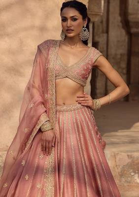 Enchanting Dusty rose Fancy fabric Zari and Sequins Embrodered Indian wedding lehenga Choli dress 2