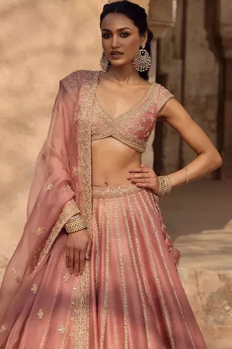 Enchanting Dusty rose Fancy fabric Zari and Sequins Embrodered Indian wedding lehenga Choli dress