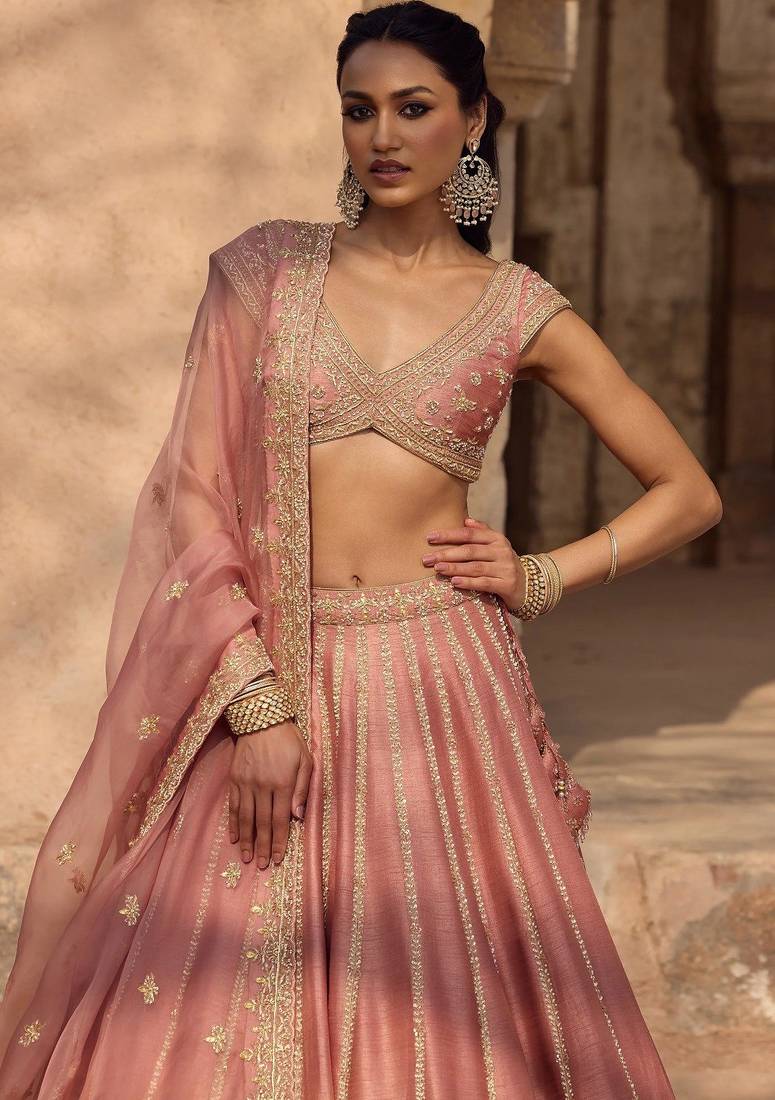 Enchanting Dusty rose Fancy fabric Zari and Sequins Embrodered Indian wedding lehenga Choli dress