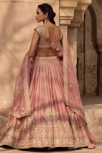 Enchanting Dusty rose Fancy fabric Zari and Sequins Embrodered Indian wedding lehenga Choli dress