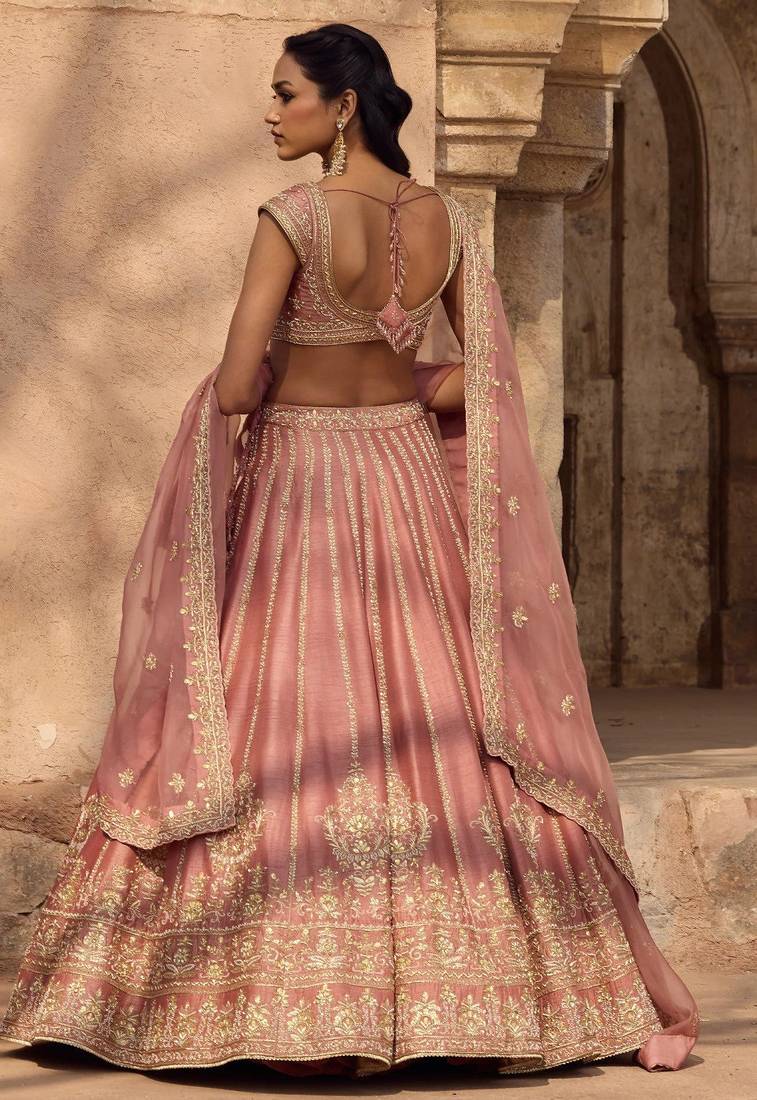 Enchanting Dusty rose Fancy fabric Zari and Sequins Embrodered Indian wedding lehenga Choli dress