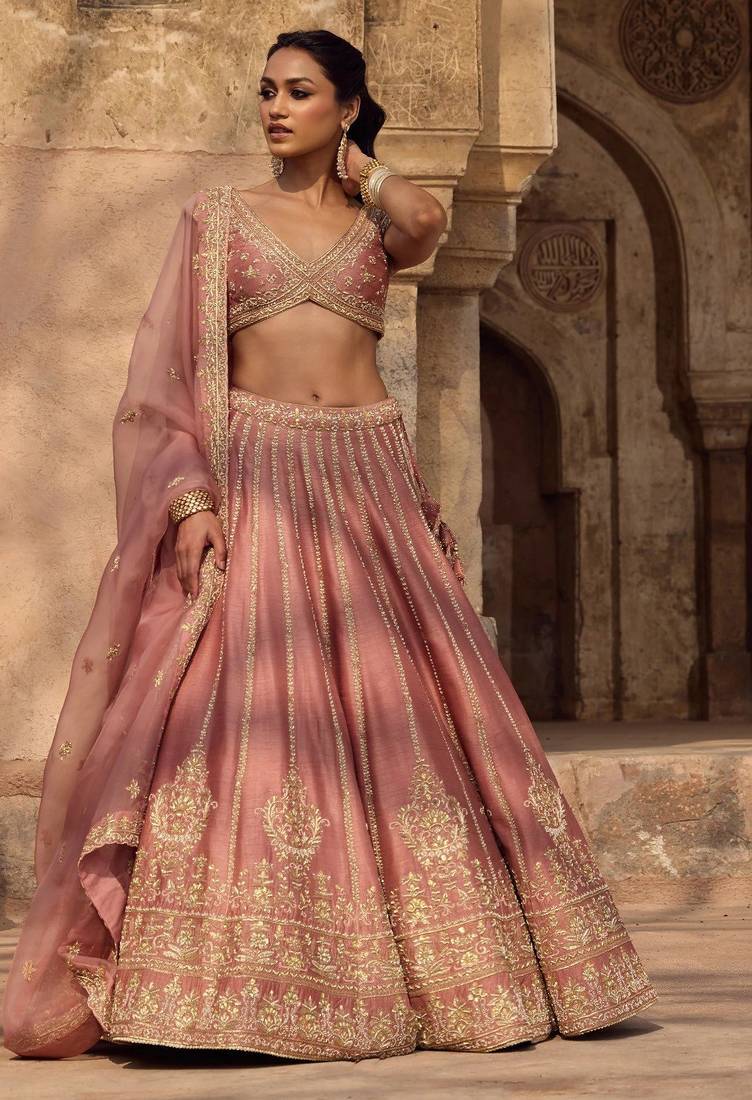 Enchanting Dusty rose Fancy fabric Zari and Sequins Embrodered Indian wedding lehenga Choli dress