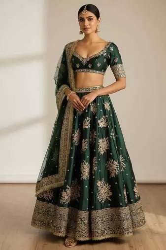 Catching Green French Crepe Zari and Sequins Embrodered Indian wedding lehenga Choli dress