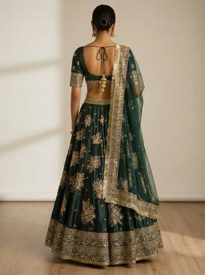 Catching Green French Crepe Zari and Sequins Embrodered Indian wedding lehenga Choli dress 2