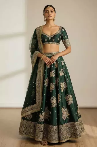 Catching Green French Crepe Zari and Sequins Embrodered Indian wedding lehenga Choli dress
