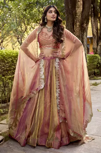 Delightful Dusty rose Carika Silk Indian wedding lehenga Choli dress