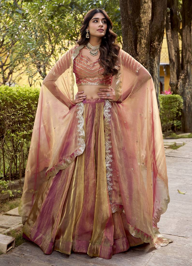 Delightful Dusty rose Carika Silk Indian wedding lehenga Choli dress
