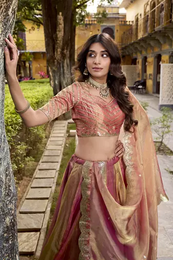 Delightful Dusty rose Carika Silk Indian wedding lehenga Choli dress