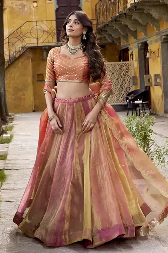 Delightful Dusty rose Carika Silk Indian wedding lehenga Choli dress