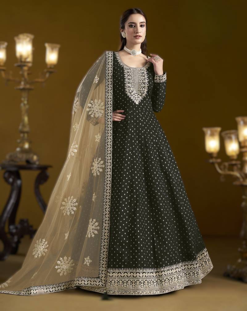 black new arrival chanderi butti ready-made suit with santool inner & bottom and net dupatta