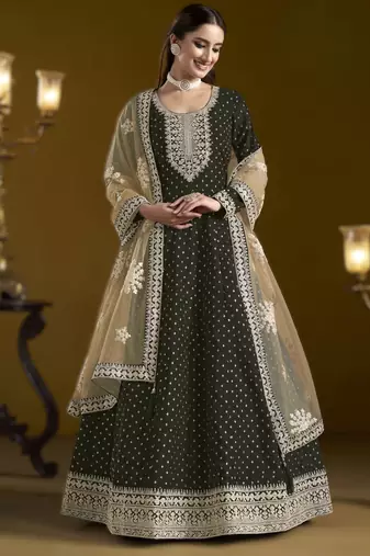 black new arrival chanderi butti ready-made suit with santool inner & bottom and net dupatta