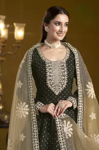 black new arrival chanderi butti ready-made suit with santool inner & bottom and net dupatta