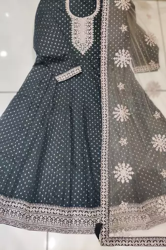 black new arrival chanderi butti ready-made suit with santool inner & bottom and net dupatta