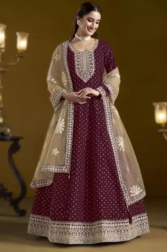 wine new arrival chanderi butti ready-made suit with santool inner & bottom and net dupatta