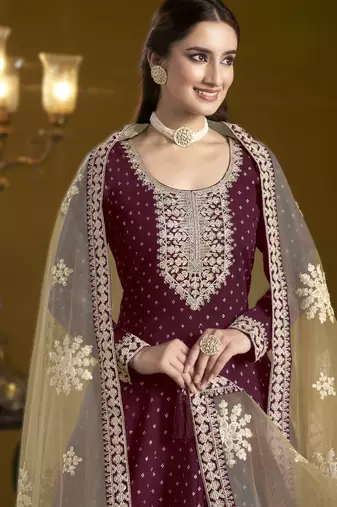 wine new arrival chanderi butti ready-made suit with santool inner & bottom and net dupatta