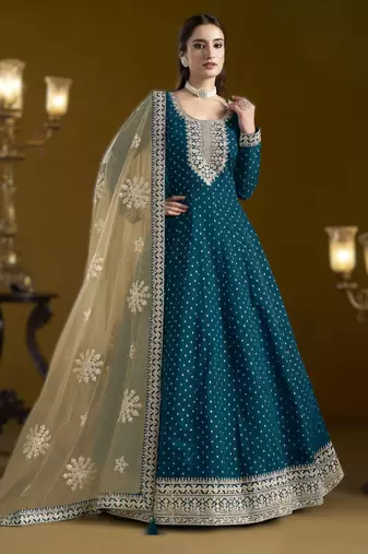 teal blue new arrival chanderi butti ready-made suit with santool inner & bottom and net dupatta