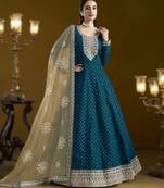 teal blue new arrival chanderi butti ready-made suit with santool inner & bottom and net dupatta