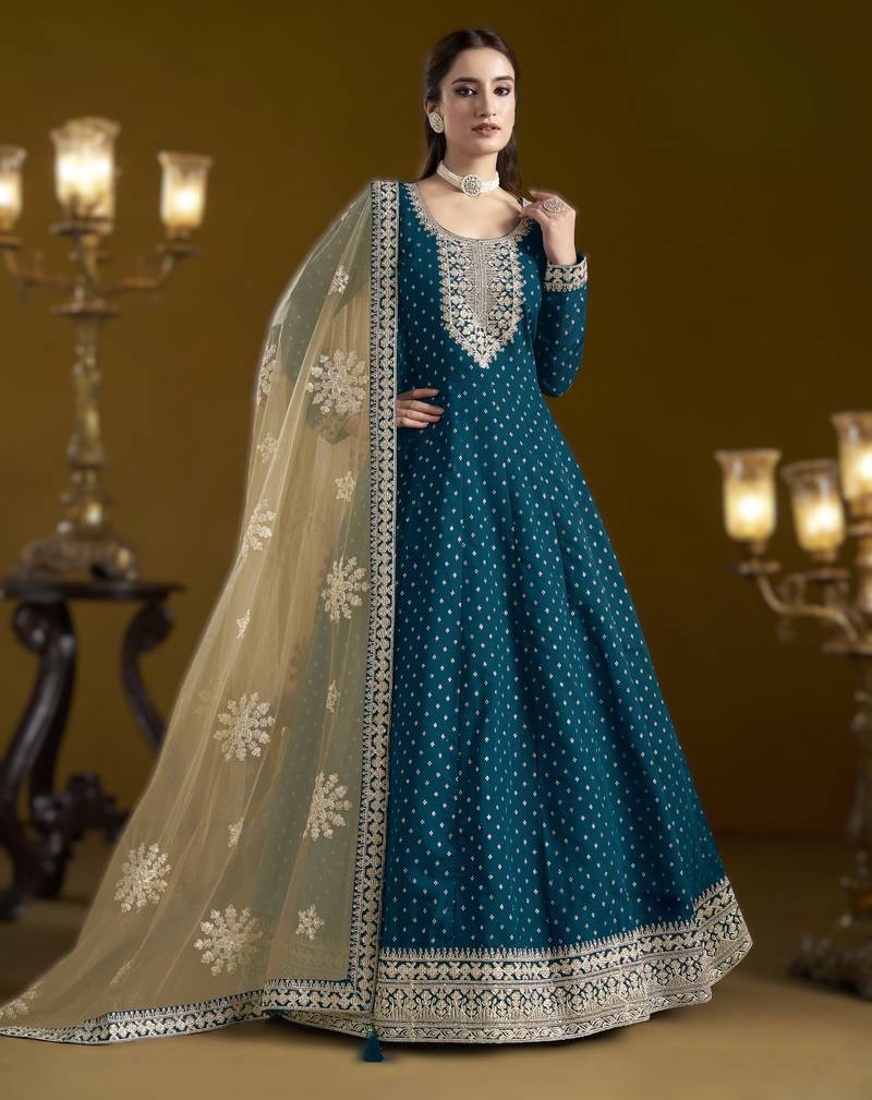 teal blue new arrival chanderi butti ready-made suit with santool inner & bottom and net dupatta