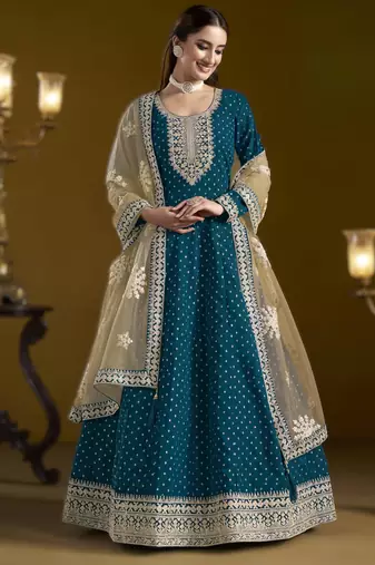 teal blue new arrival chanderi butti ready-made suit with santool inner & bottom and net dupatta
