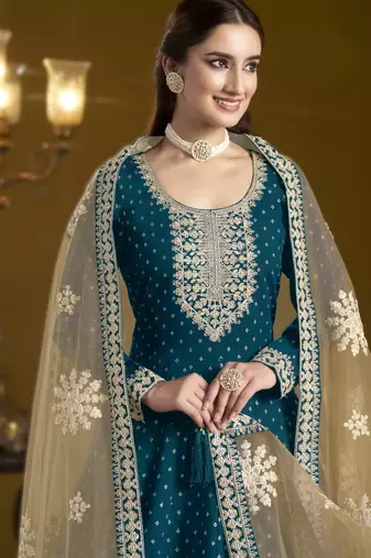 teal blue new arrival chanderi butti ready-made suit with santool inner & bottom and net dupatta