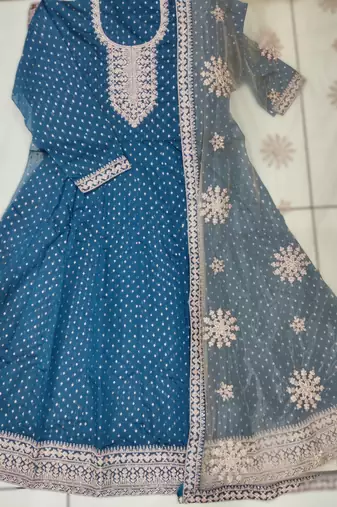 teal blue new arrival chanderi butti ready-made suit with santool inner & bottom and net dupatta