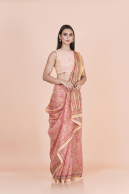 Multi coloured  floral styled digital printed with  lace border supernet saree with blouse 1