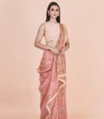 Multi coloured  floral styled digital printed with  lace border supernet saree with blouse